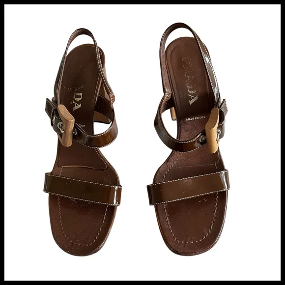 Women's Prada Brown Patent Leather Wood Heel Sandals Size 9 - Picture 4 of 11
